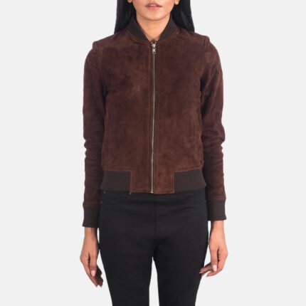 Brown Suede Bomber Jacket Womens With Real Sheepskin Leather